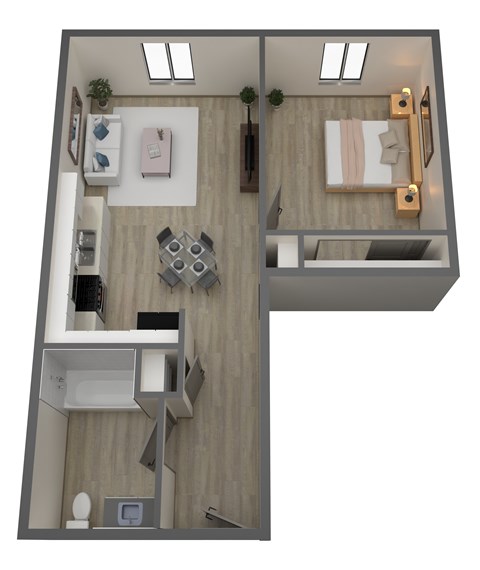 A 3D floor plan of a small apartment with a kitchen, living room, and bathroom.